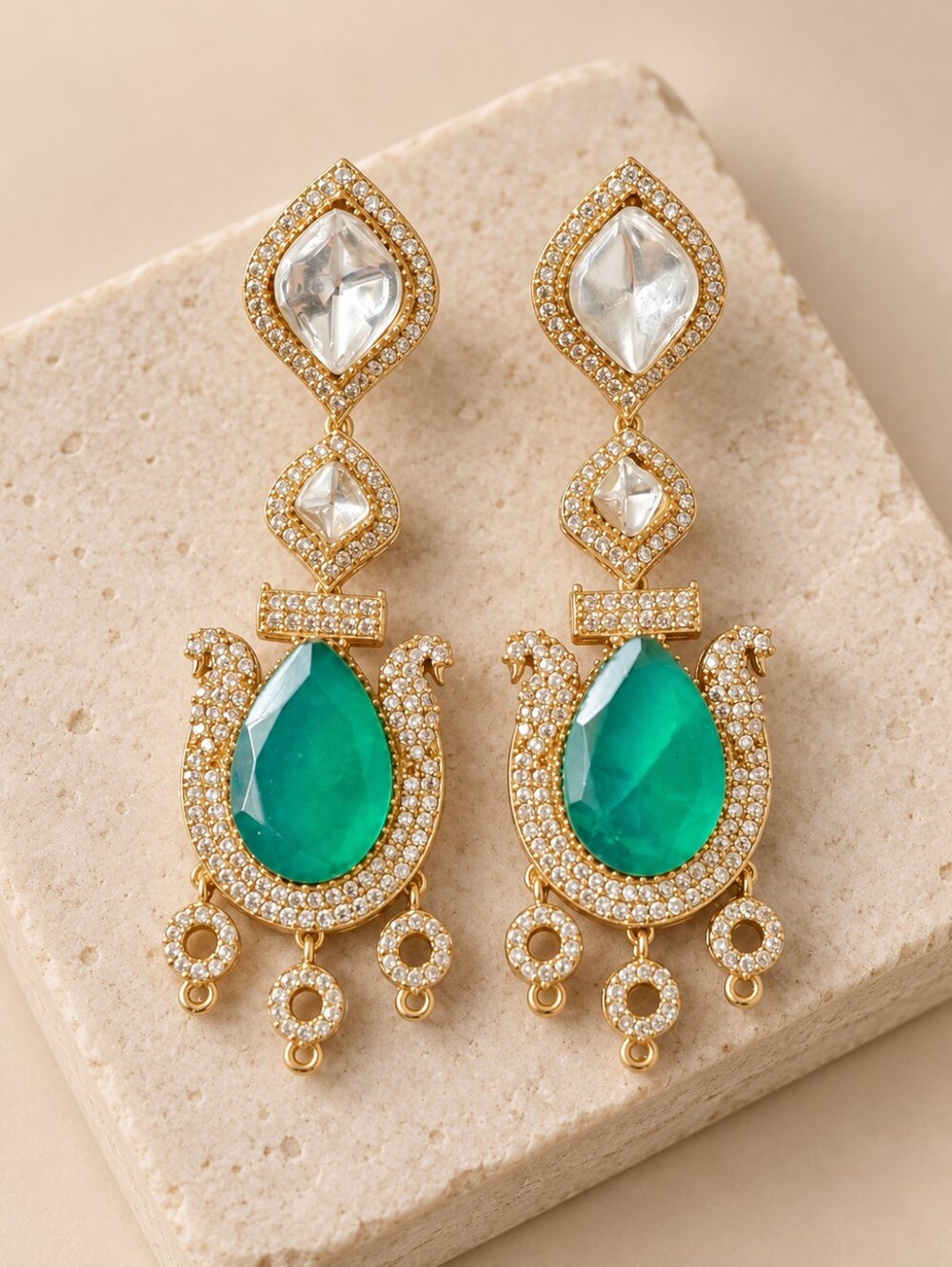 Green Kundan-Style Statement Earrings with Crystal & Gold-Tone Detail